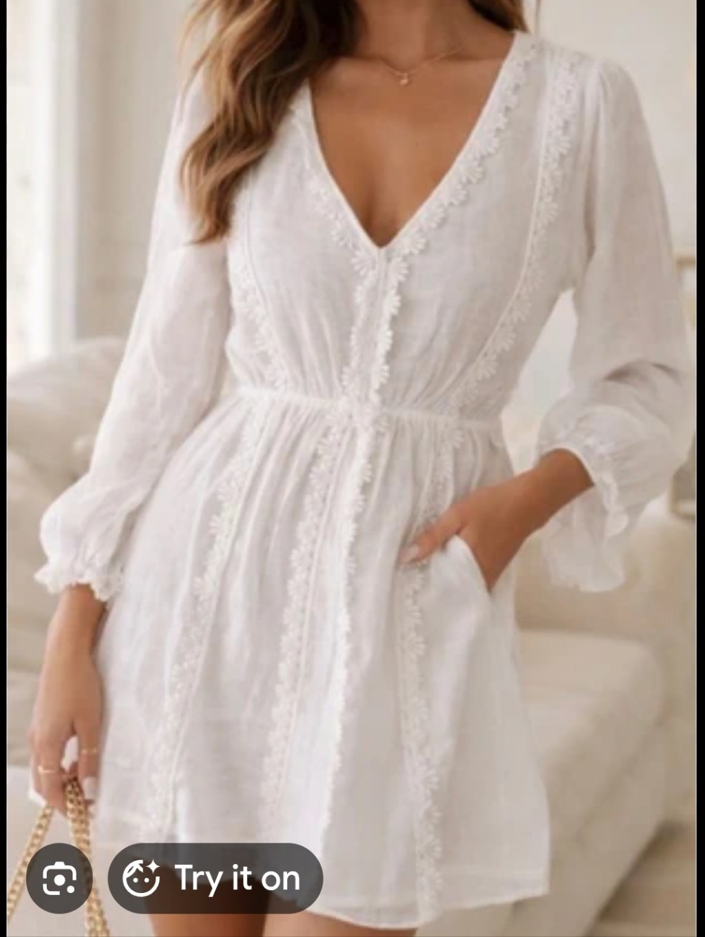 Valentina Linen V-Neck Lace-Trim Crochet Mini Dress Cover Up